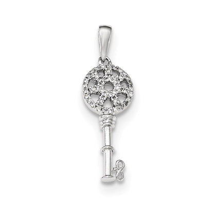 14K White Gold Polished Real Diamond Key Pendant