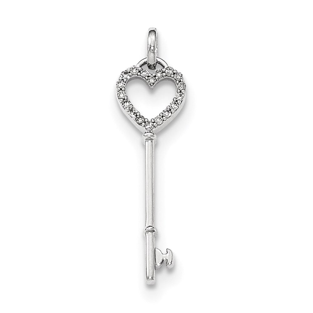 14k White Gold Real Diamond Heart Key Pendant