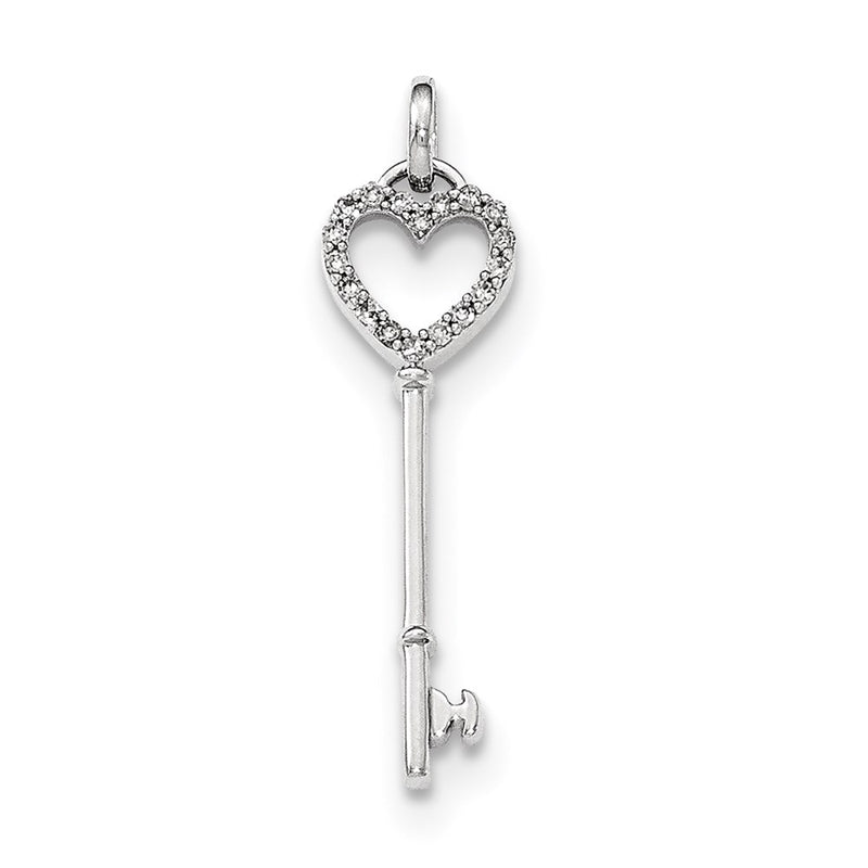 14k White Gold Real Diamond Heart Key Pendant