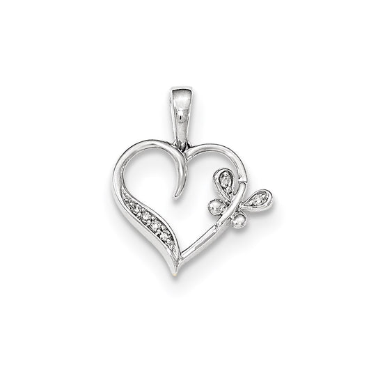 14kt White Gold Polished Heart w/Butterfly Real Diamond Pendant