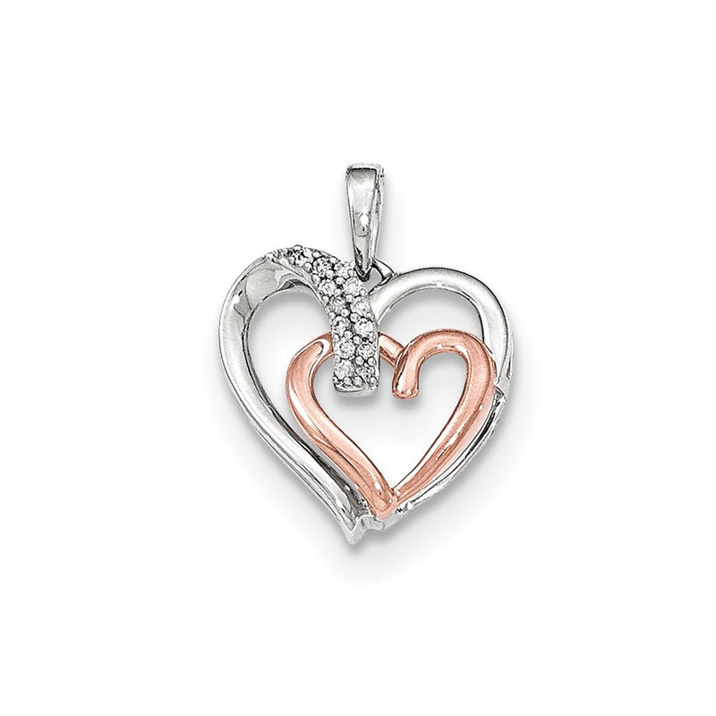 14k White and Rose Gold Real Diamond Double Heart Pendant