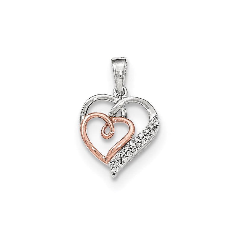 14k White and Rose Gold Real Diamond Double Heart Pendant