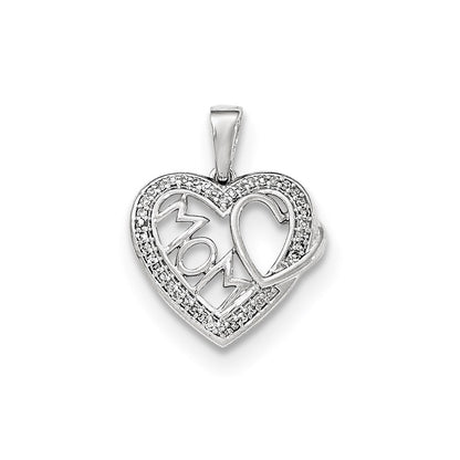 14K White Gold Real Diamond Mom Heart Pendant