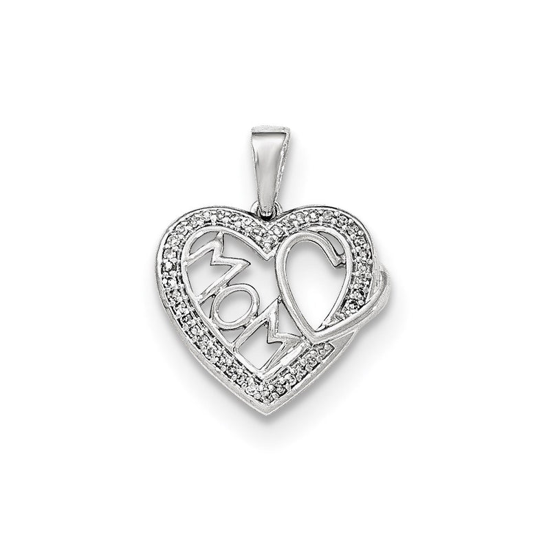 14K White Gold Real Diamond Mom Heart Pendant