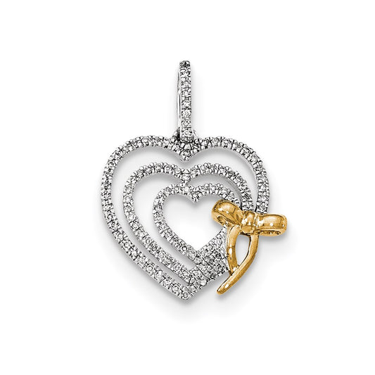 14k Two Tone Gold Diamond Heart with Bow Pendant