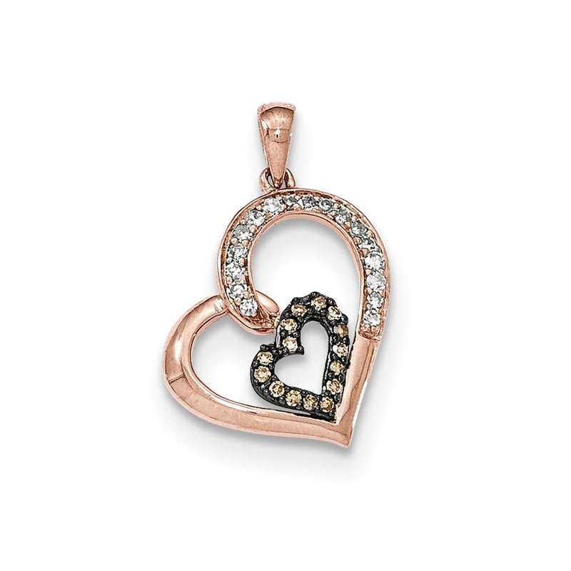 14K Rose Gold Champagne & White Real Diamond Hearts Pendant