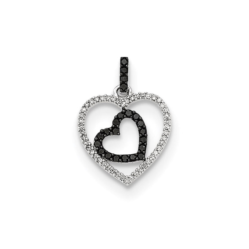 14k White Gold Polished Diamond and Black Diamond Hearts Pendant