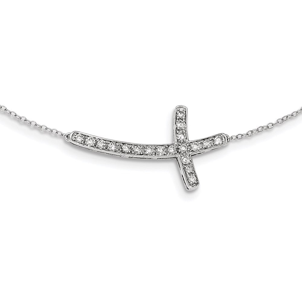14K White Gold Real Diamond Sideways Cross 18in Necklace