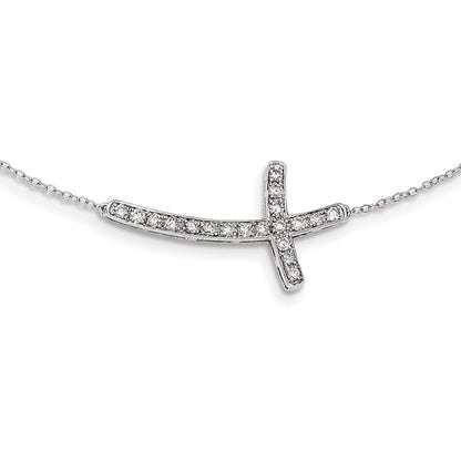 14K White Gold Real Diamond Sideways Cross 18in Necklace