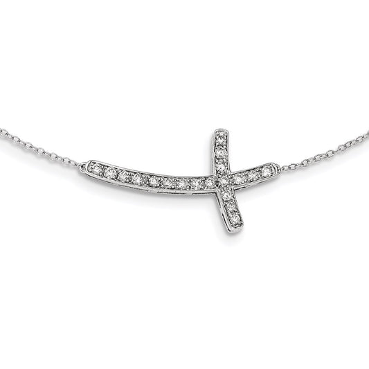 14K White Gold Real Diamond Sideways Cross 18in Necklace