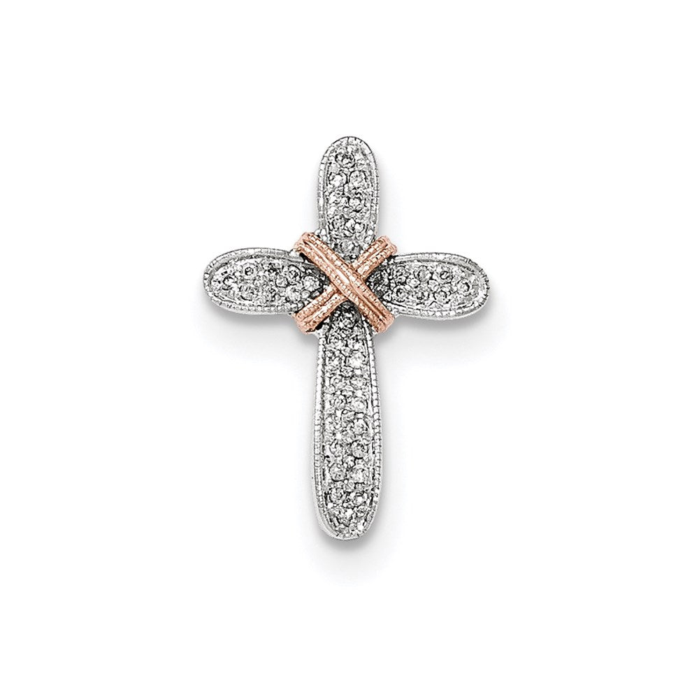 14K White Gold W/ Rose Gold Plating Real Diamond Cross Pendant