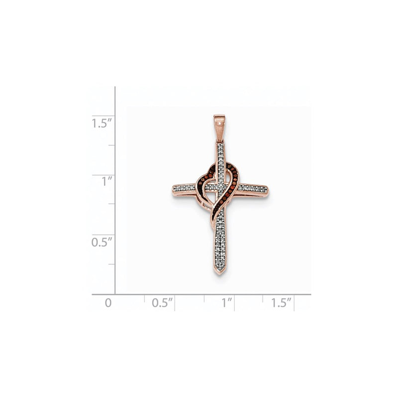14K Rose Gold Red & White Real Diamond Cross Heart Pendant