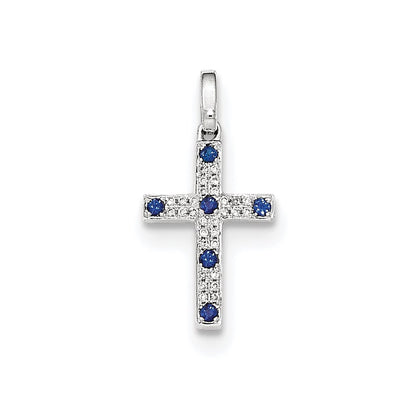 14k White Gold White Real Diamond & Sapphire Cross Pendant