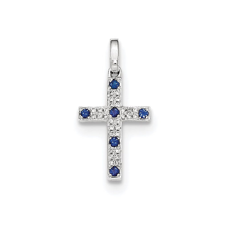 14k White Gold White Real Diamond & Sapphire Cross Pendant