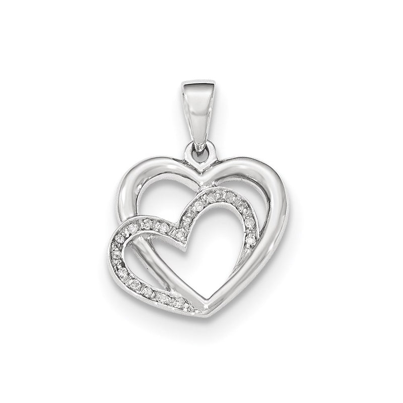14K White Gold Polished Real Diamond Hearts Pendant