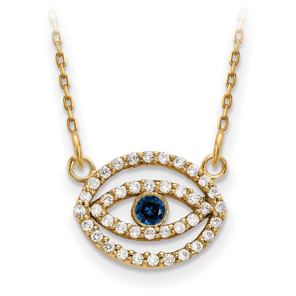 14ky Small Diamond and Sapphire Gold Halo Evil Eye Necklace