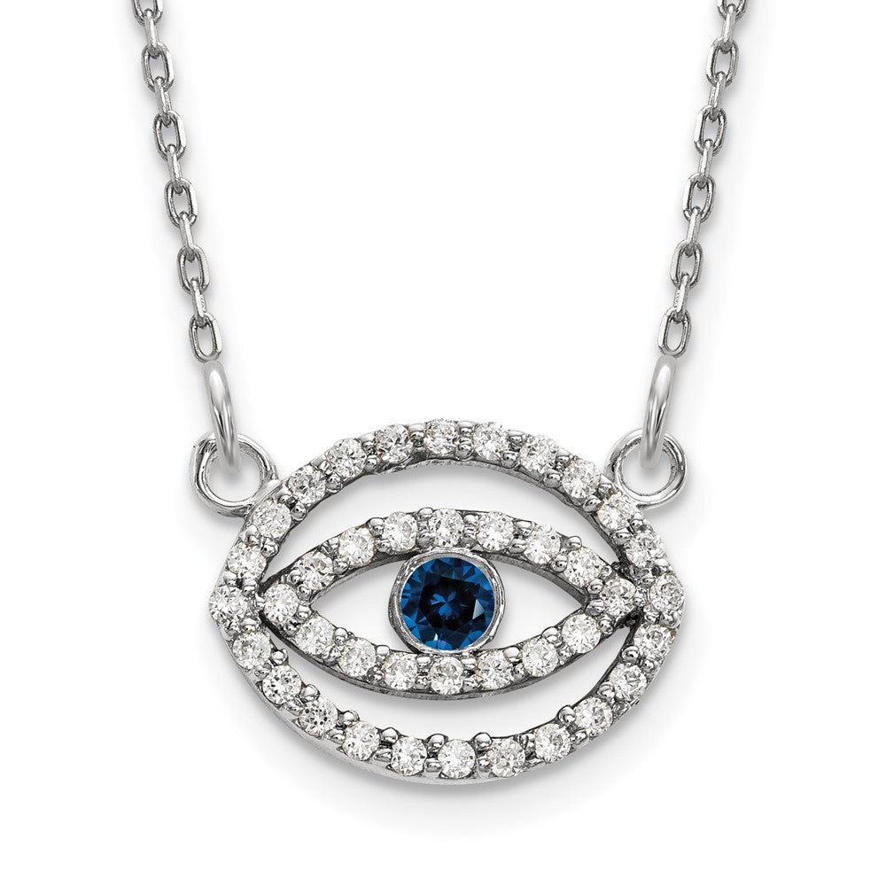 14k White Gold Small Diamond and Sapphire Halo Evil Eye Necklace