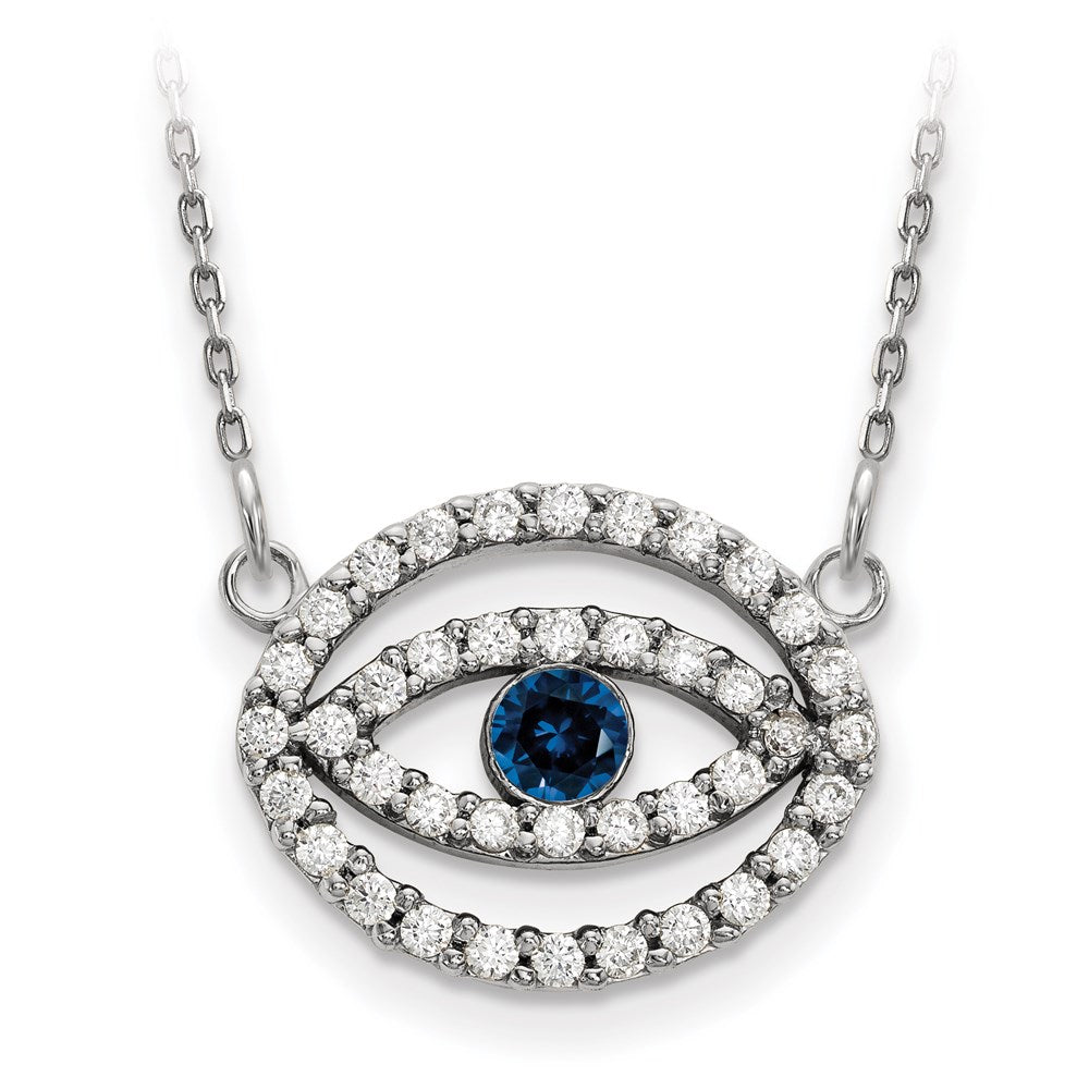 14k White Gold Medium Diamond and Sapphire Halo Evil Eye Necklace