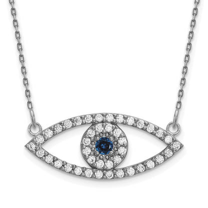 14k White Gold Medium Real Diamond and Sapphire Evil Eye Necklace