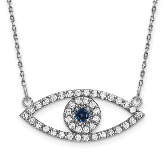 14k White Gold Medium Real Diamond and Sapphire Evil Eye Necklace