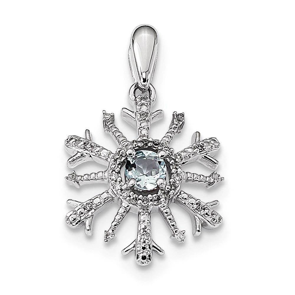 14k White Gold Real Diamond and Aquamarine Snowflake Pendant