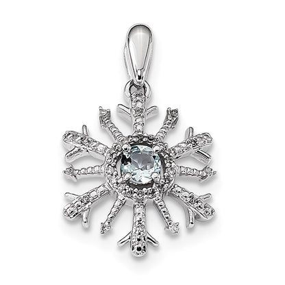 14k White Gold Real Diamond and Aquamarine Snowflake Pendant