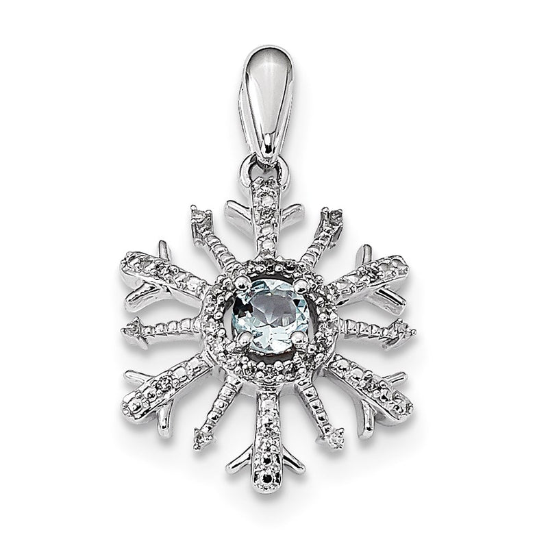 14k White Gold Real Diamond and Aquamarine Snowflake Pendant