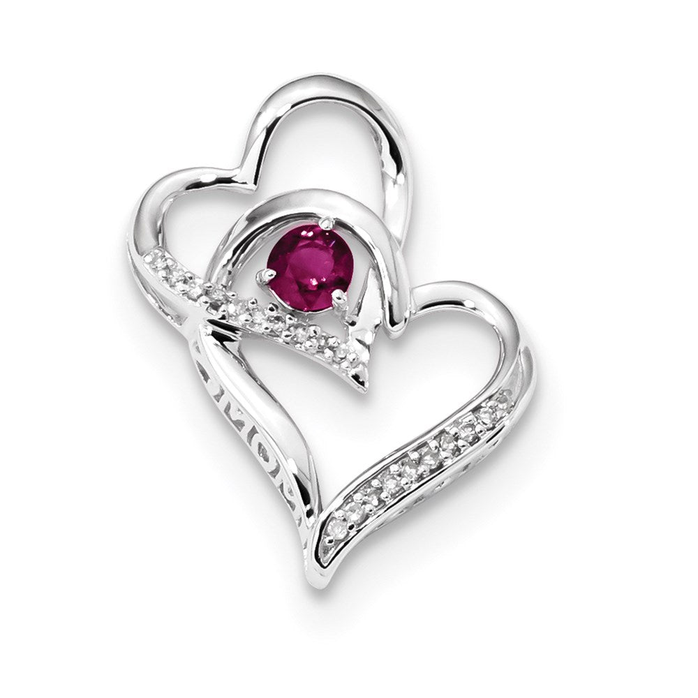 14k White Gold Diamond and Ruby MOM Hearts Chain Slide
