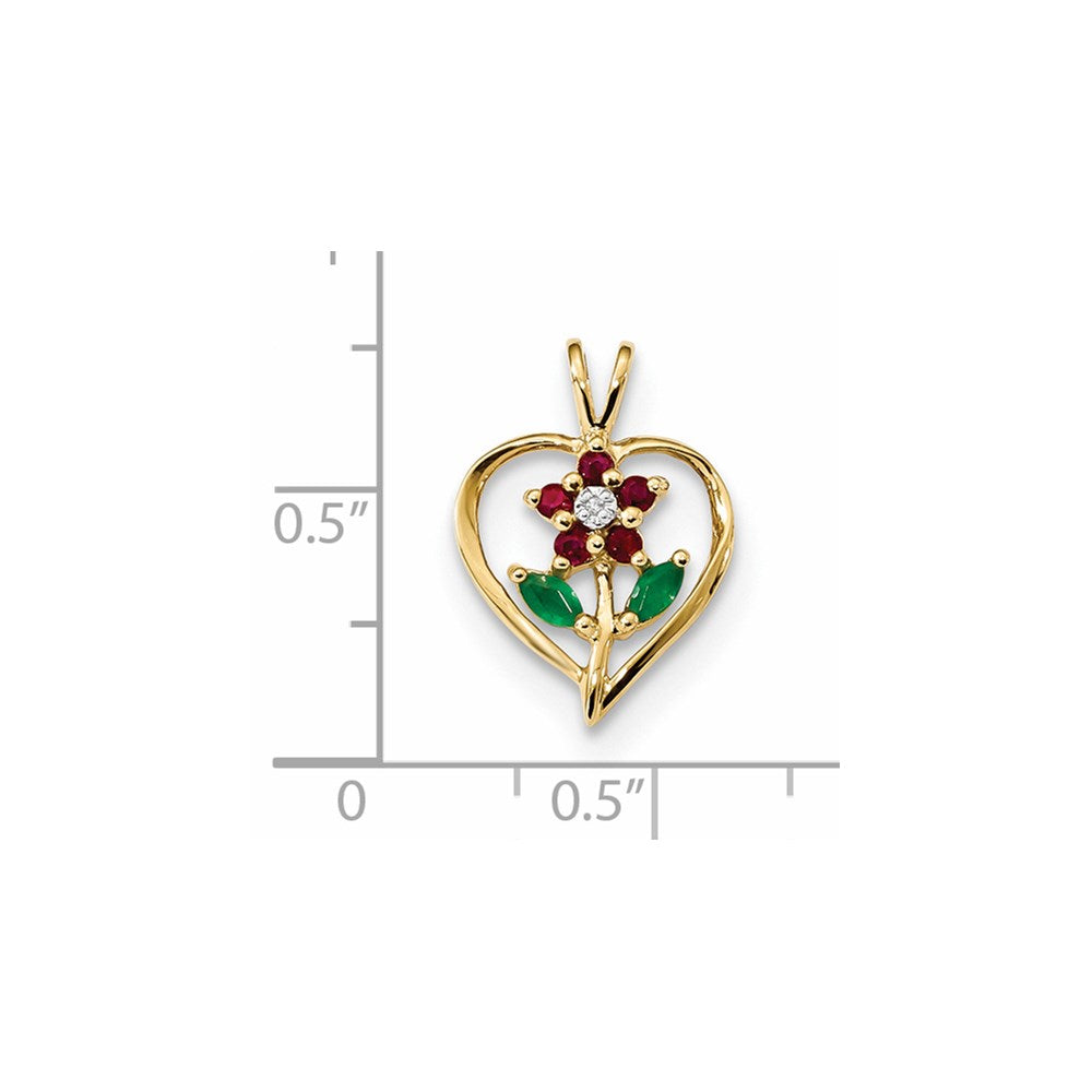 14K Yellow Gold w/ Siam Ruby & Emerald & Real Diamond Pendant