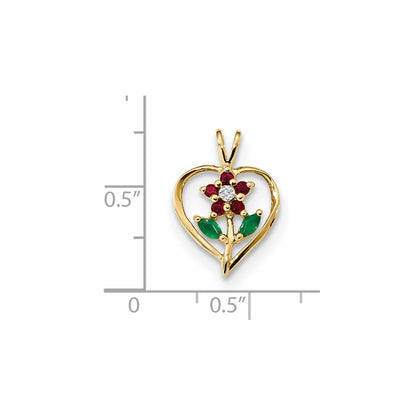 14K Yellow Gold w/ Siam Ruby & Emerald & Real Diamond Pendant