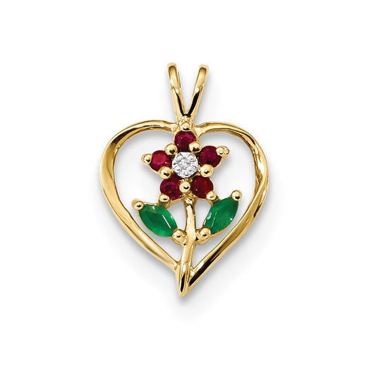 14K Yellow Gold w/ Siam Ruby & Emerald & Real Diamond Pendant