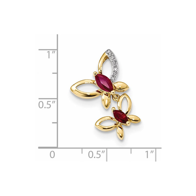 14K Yellow Gold Real Diamond & Ruby Double Butterfly Chain Slide