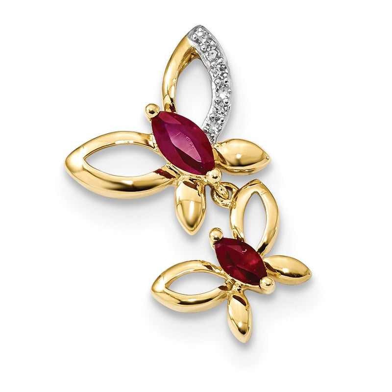 14K Yellow Gold Real Diamond & Ruby Double Butterfly Chain Slide