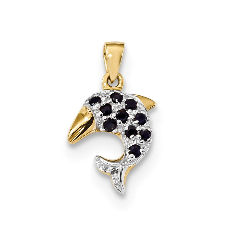 14K Gold with Diamond and Sapphire Dolphin Polished Pendant