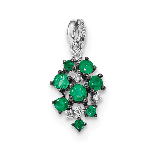 14k White Gold Real Diamond and Emerald Polished Pendant