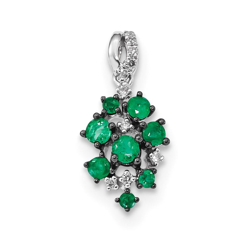 14k White Gold Real Diamond and Emerald Polished Pendant