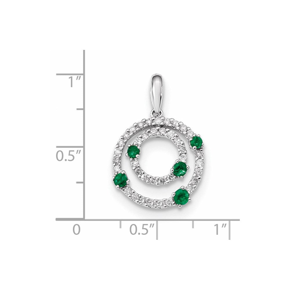 14k White Gold Real Diamond and Emerald Round Polished Circle Pendant