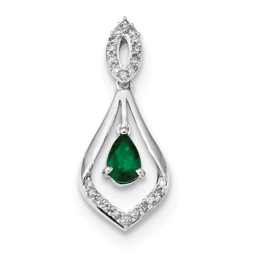 14k White Gold Real Diamond and Emerald Dangle Pendant