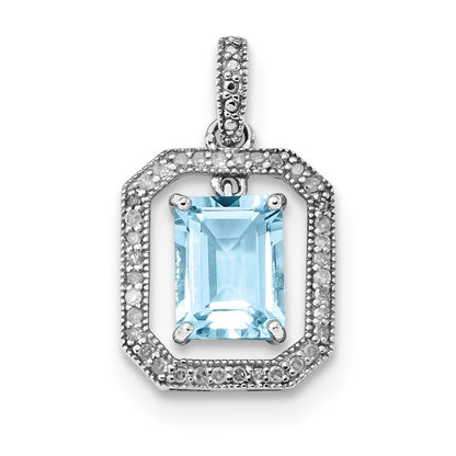 14k White Gold Real Diamond & Dangling Blue Topaz Pendant