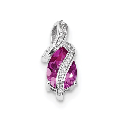 14k White Gold Real Diamond & Created Pink Sapphire Slide
