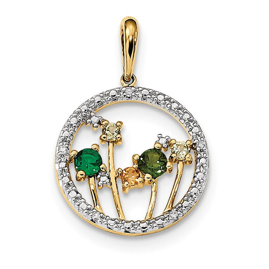 14K Yellow Gold Cr.Emerald/PE/CI/Chrome Diopside & Real Diamond Pendant
