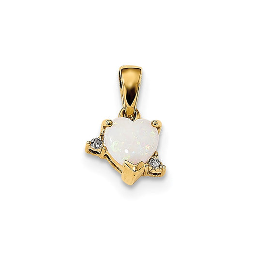 14K Yellow Gold w/ Real Diamond & Opal Polished Heart Pendant