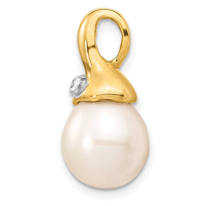 14K Yellow Gold .01ct Real Diamond 9-10mm White Rice FWC Pearl Pendant