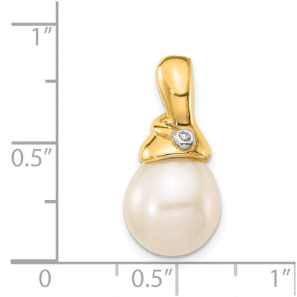 14K Yellow Gold .01ct Real Diamond 9-10mm White Rice FWC Pearl Pendant