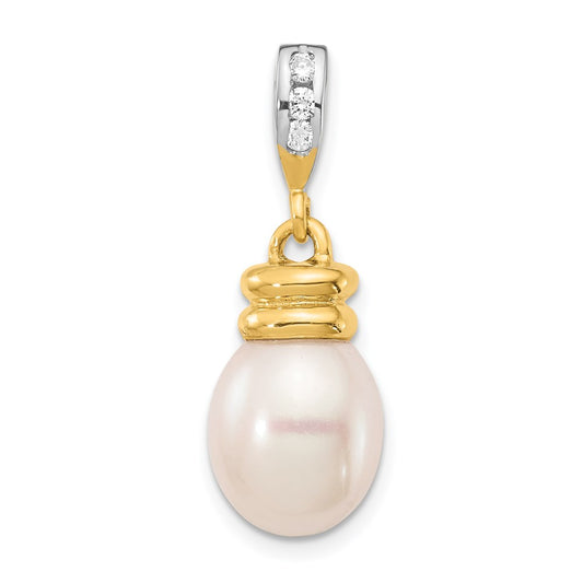 14K 9 10mm White Rice Freshwater Cultured Pearl .06tw Diamond Pendant