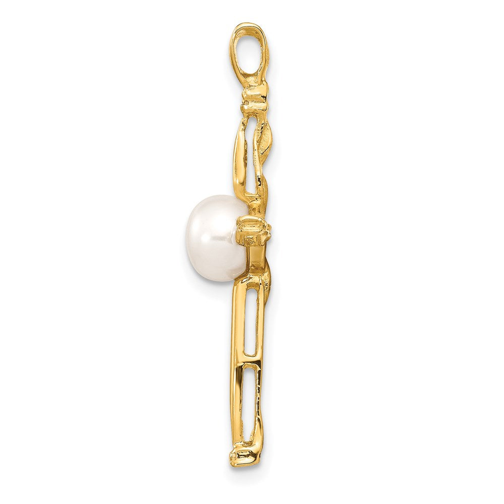 14K 6 7mm White Button Freshwater Cultured Pearl .02ct Diamond Cross Penda