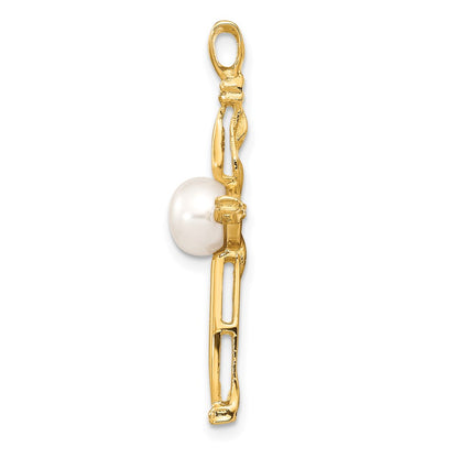 14K 6 7mm White Button Freshwater Cultured Pearl .02ct Diamond Cross Penda