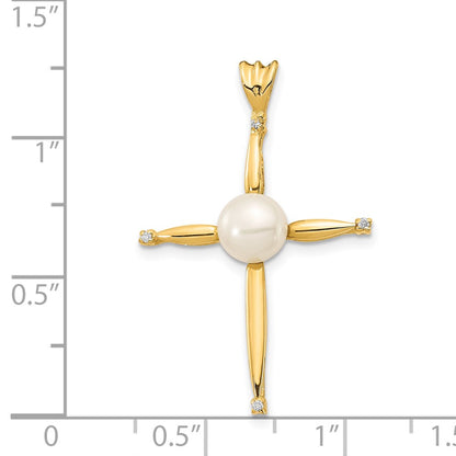 14K 6 7mm White Button Freshwater Cultured Pearl .02ct Diamond Cross Penda