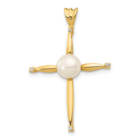 14K 6 7mm White Button Freshwater Cultured Pearl .02ct Diamond Cross Penda