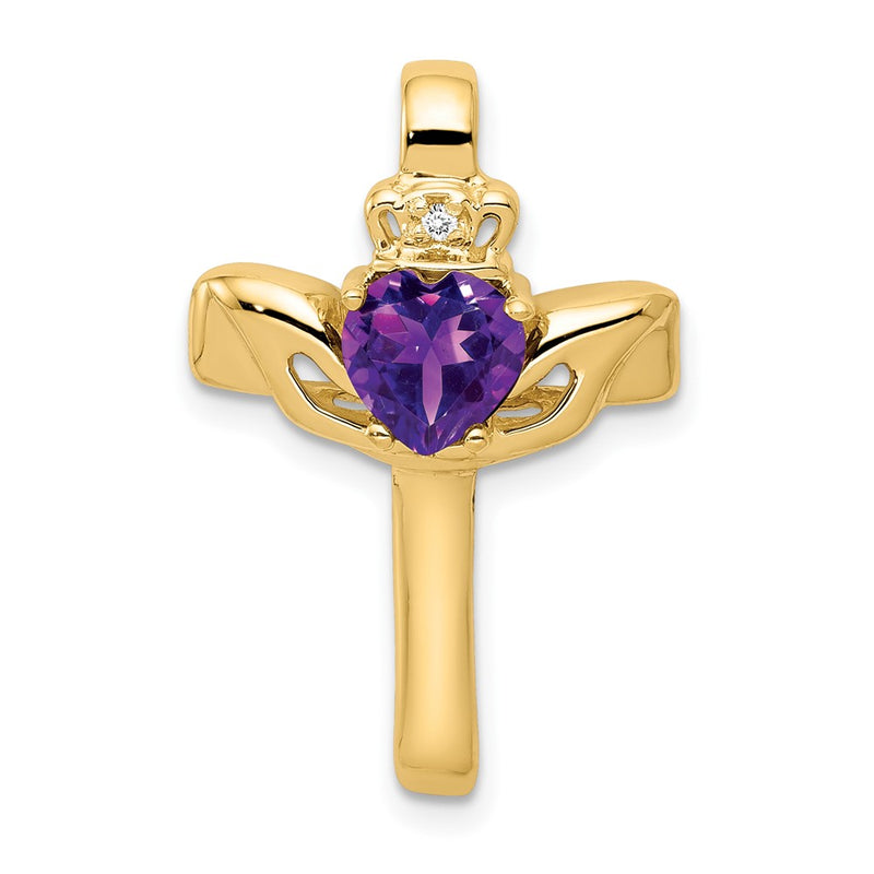 14k 6mm Claddagh Amethyst AA Diamond Cross Pendant
